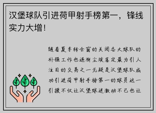 汉堡球队引进荷甲射手榜第一，锋线实力大增！