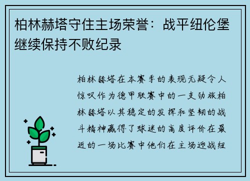 柏林赫塔守住主场荣誉：战平纽伦堡继续保持不败纪录