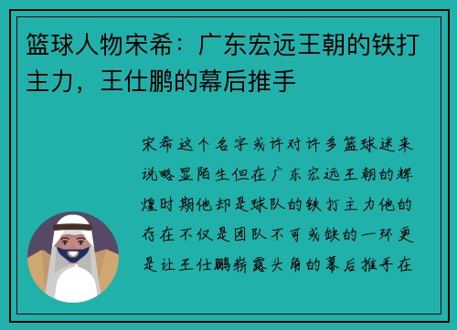 篮球人物宋希：广东宏远王朝的铁打主力，王仕鹏的幕后推手