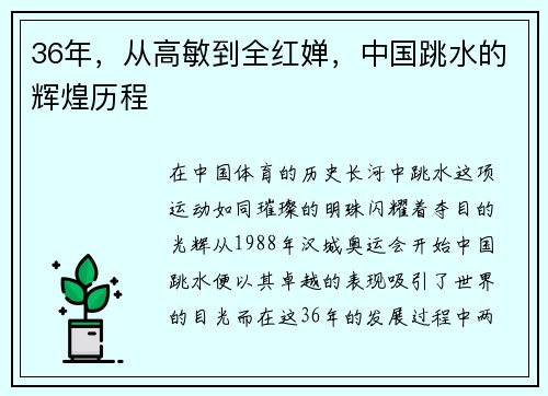 36年，从高敏到全红婵，中国跳水的辉煌历程