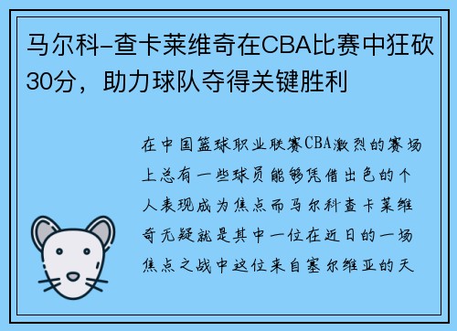 马尔科-查卡莱维奇在CBA比赛中狂砍30分，助力球队夺得关键胜利